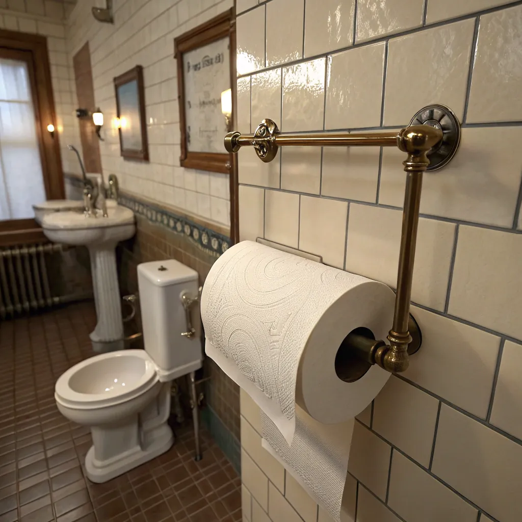 A vintage bathroom features a brass toilet paper holder, white tiled walls, pedestal sink, and classic toilet, creating a nostalgic feel.