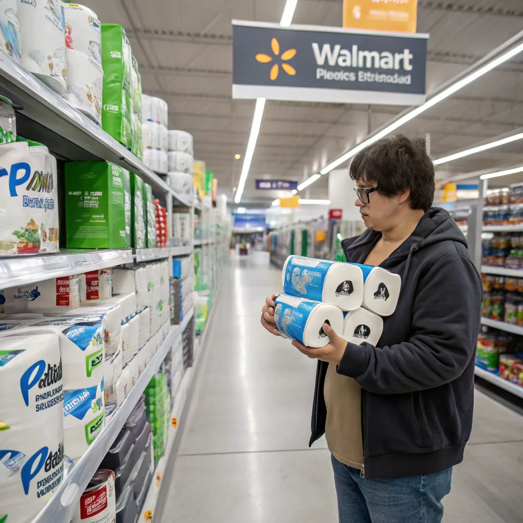A person holding multiple rolls of paper towels in a Walmart aisle, surrounded by various products.