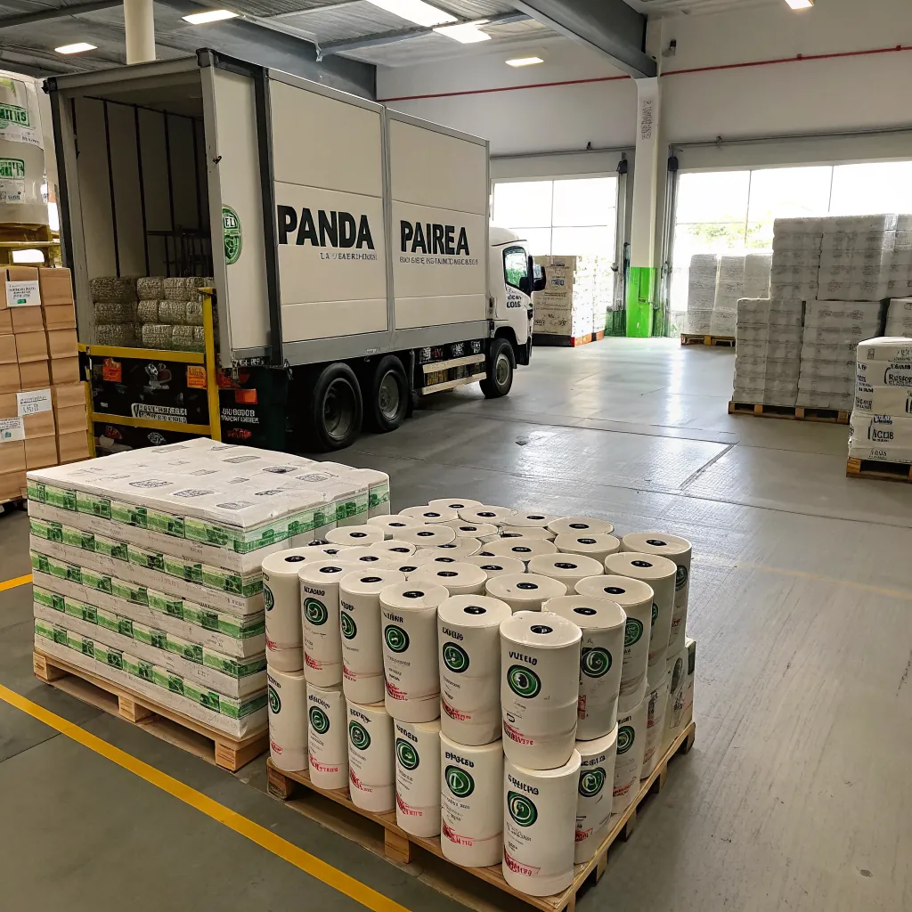 A delivery truck labeled 'Panda Pairea' parked in a warehouse, surrounded by pallets of products.