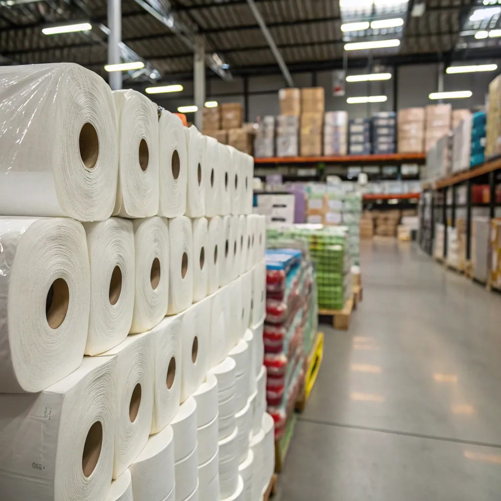 Large stacks of white paper rolls are neatly arranged in a spacious warehouse aisle, surrounded by various stacked goods on pallets.