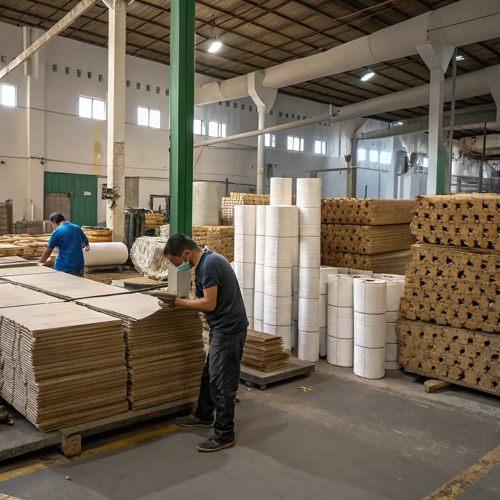 Two workers in a warehouse handling cardboard and paper rolls, surrounded by stacked materials.