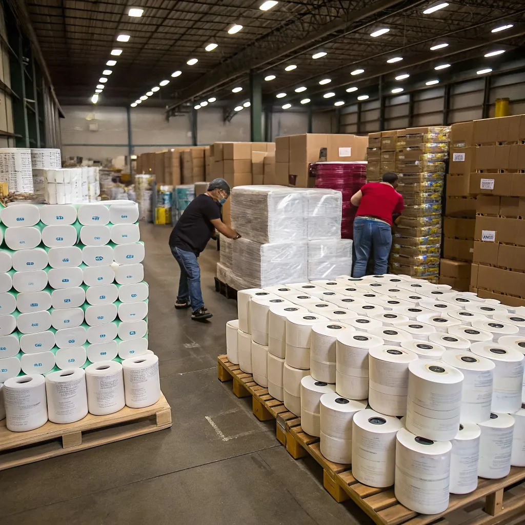 Two workers in a warehouse arranging rolls of paper and boxes, with shelves in the background.