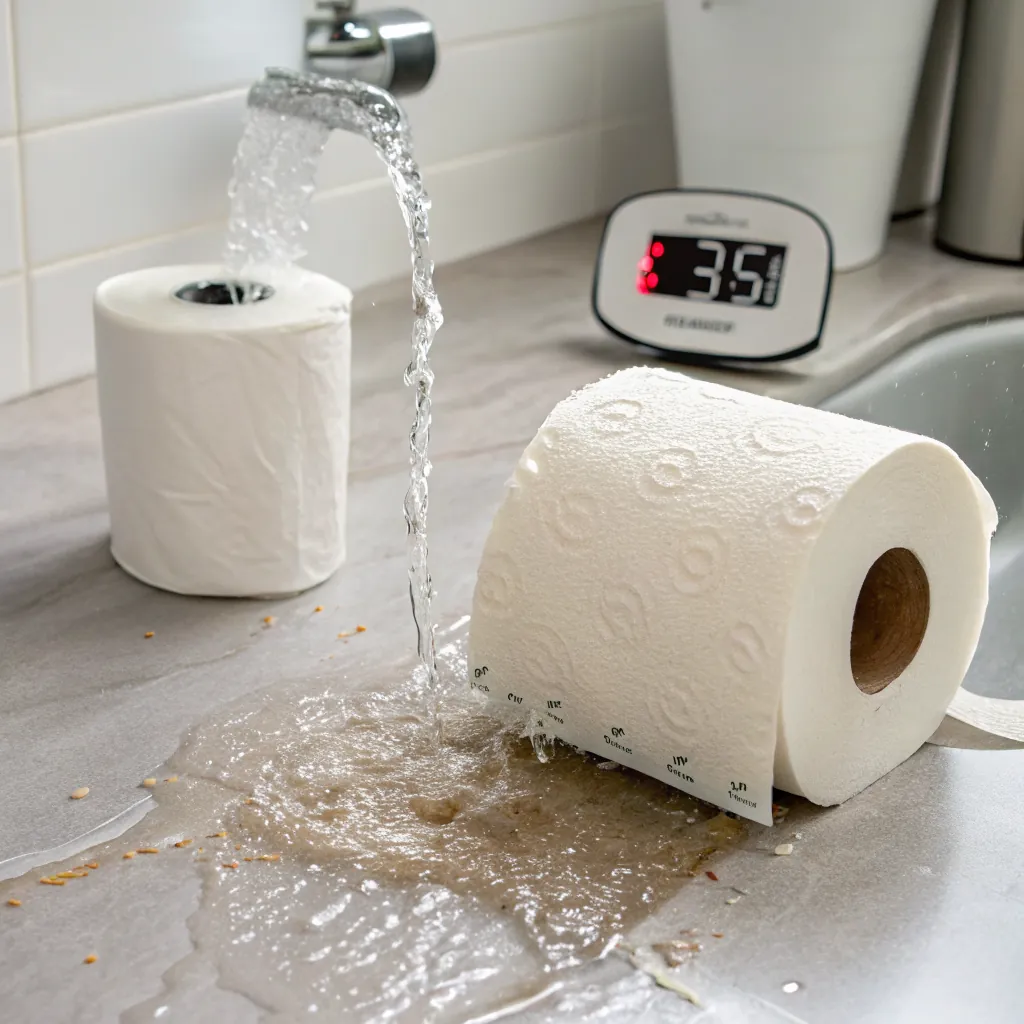 Water flowing from a faucet onto paper towels, creating a mess on the counter.