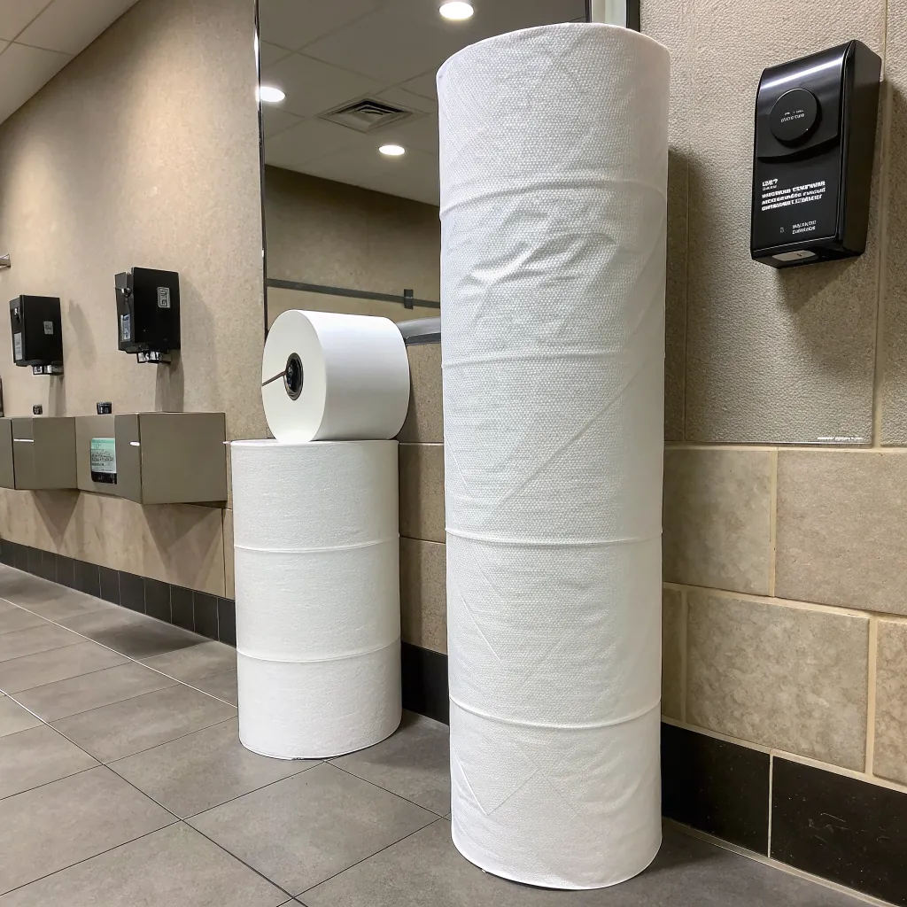 Two white paper rolls and a roll on a dispenser in a restroom