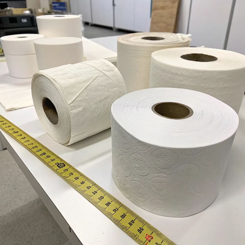 Multiple rolls of white paper towels and toilet paper on a table with a measuring tape