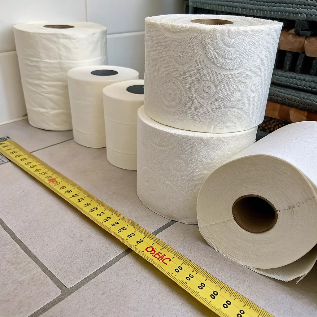 Five rolls of white paper towels arranged with a measuring tape beside them on tiled floor