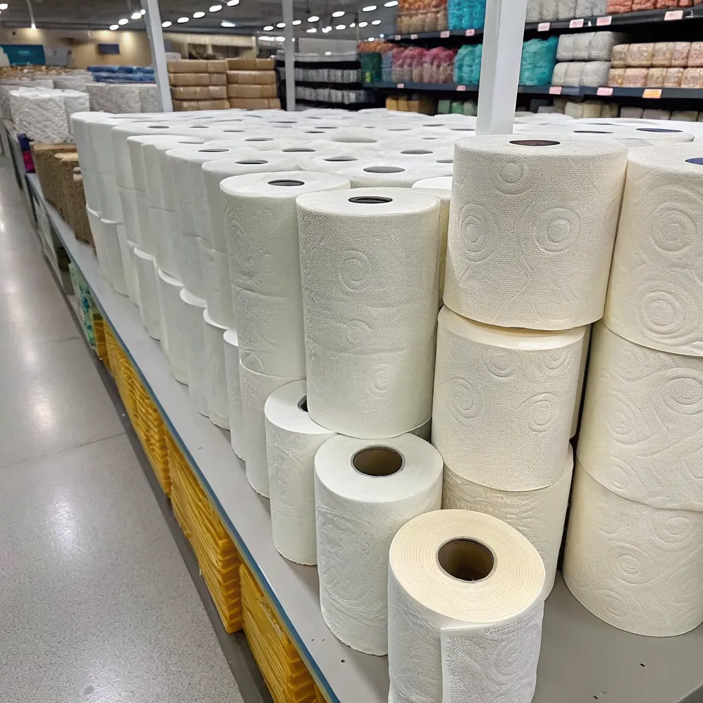 A display of neatly arranged white paper towel rolls on a store shelf, showcasing their texture and design.