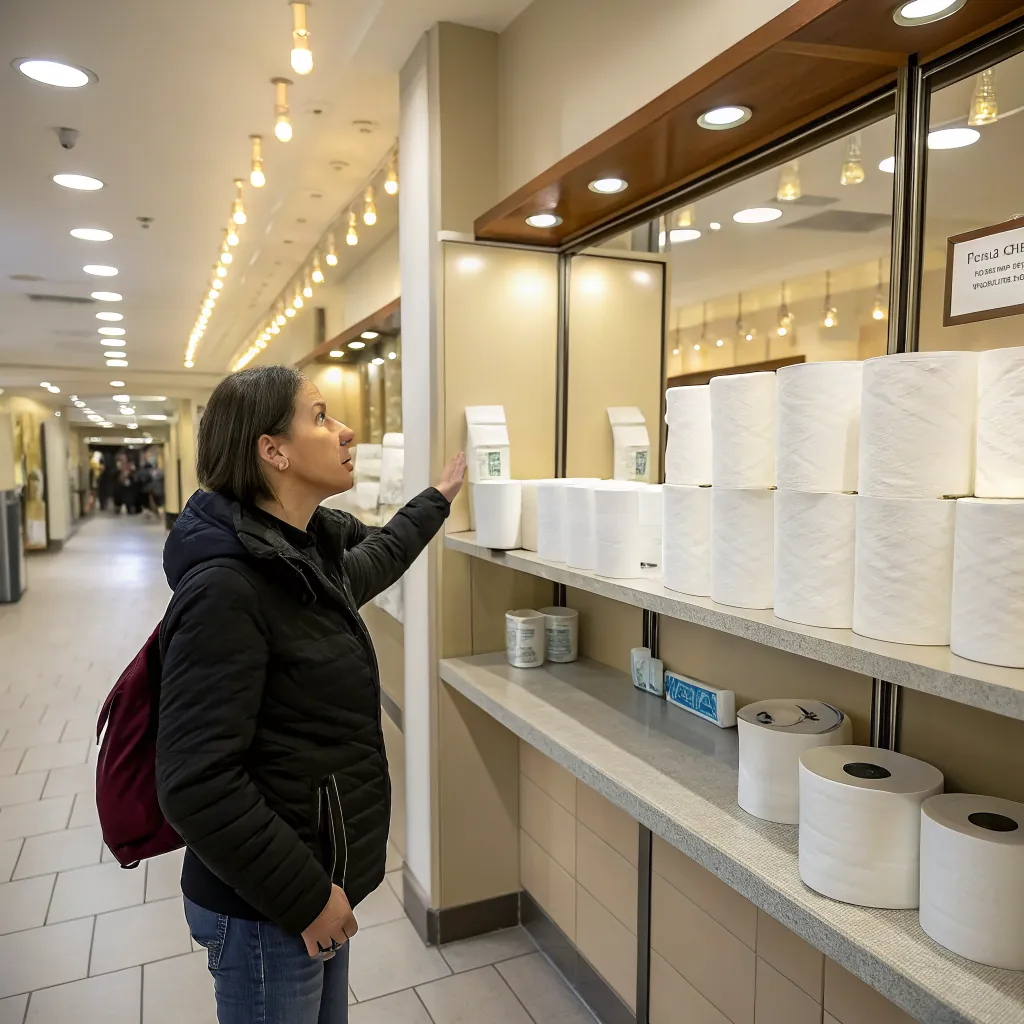 A woman in a black jacket reaching for toilet paper rolls on a shelf in a store aisle.
