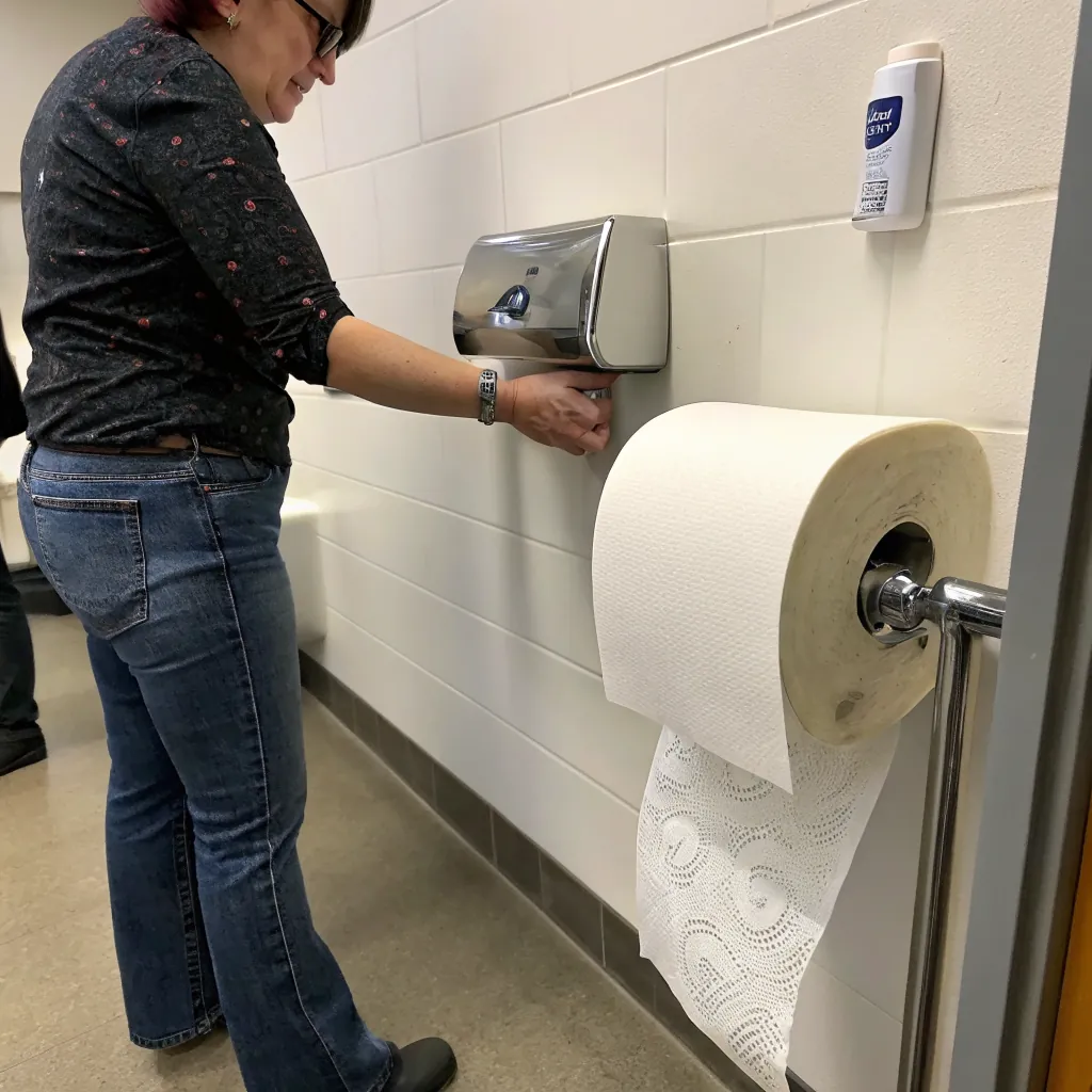 A woman reaches for a paper towel from a dispenser in a restroom, with a roll of paper towels visible.