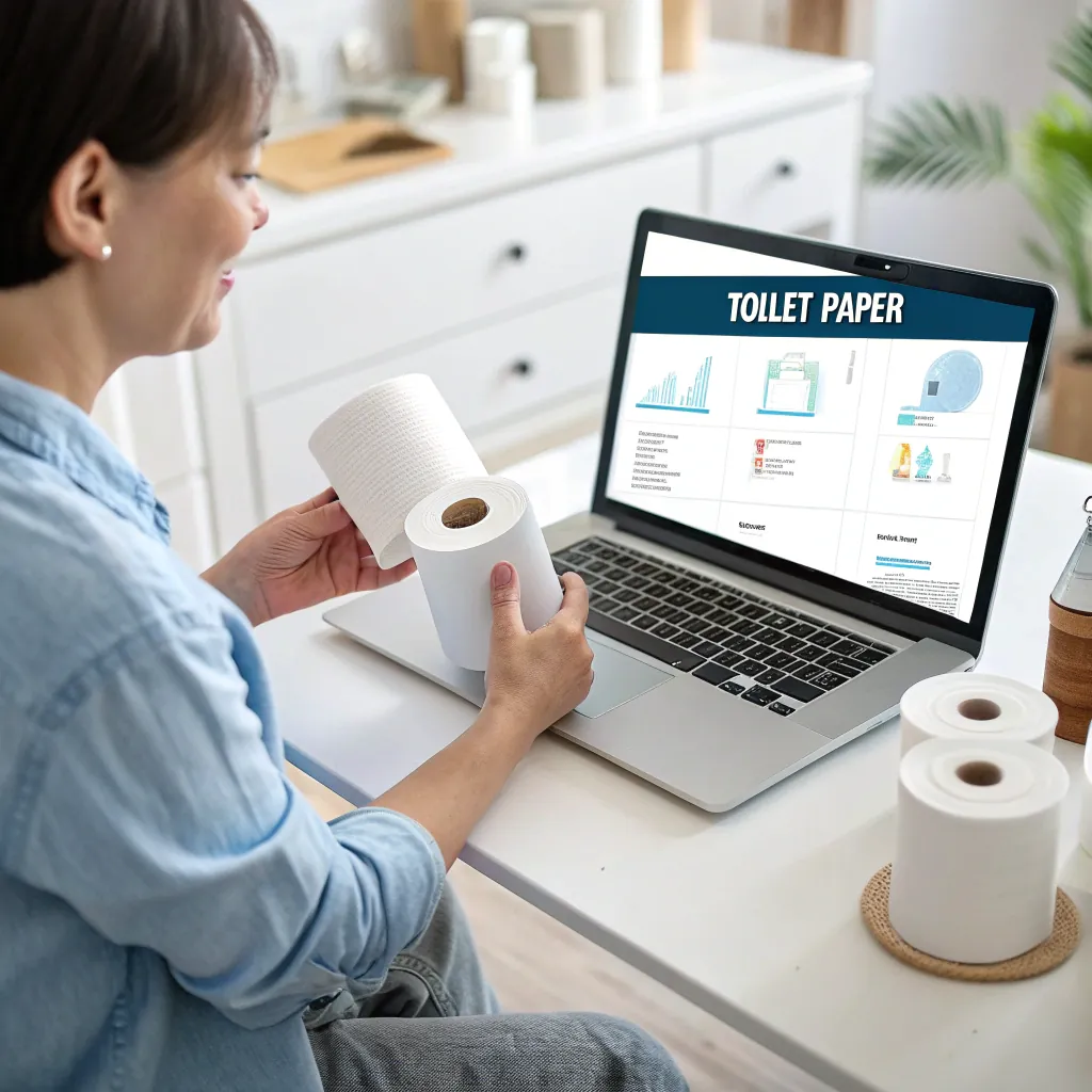 A woman sits at a desk holding toilet paper rolls while viewing data about toilet paper on a laptop screen.