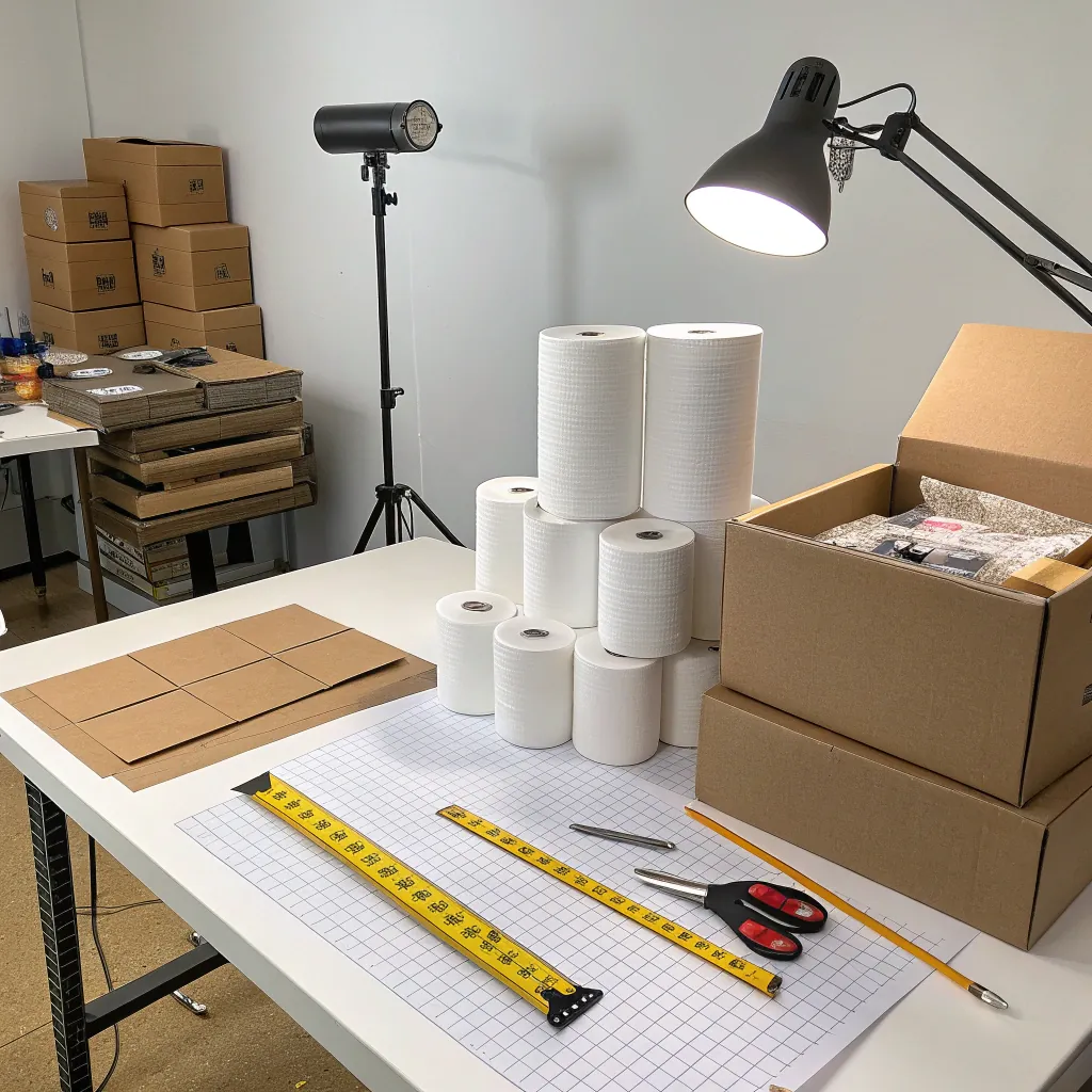 Workspace featuring stacked paper rolls, boxes, scissors, a ruler, and lamp for packaging activities.
