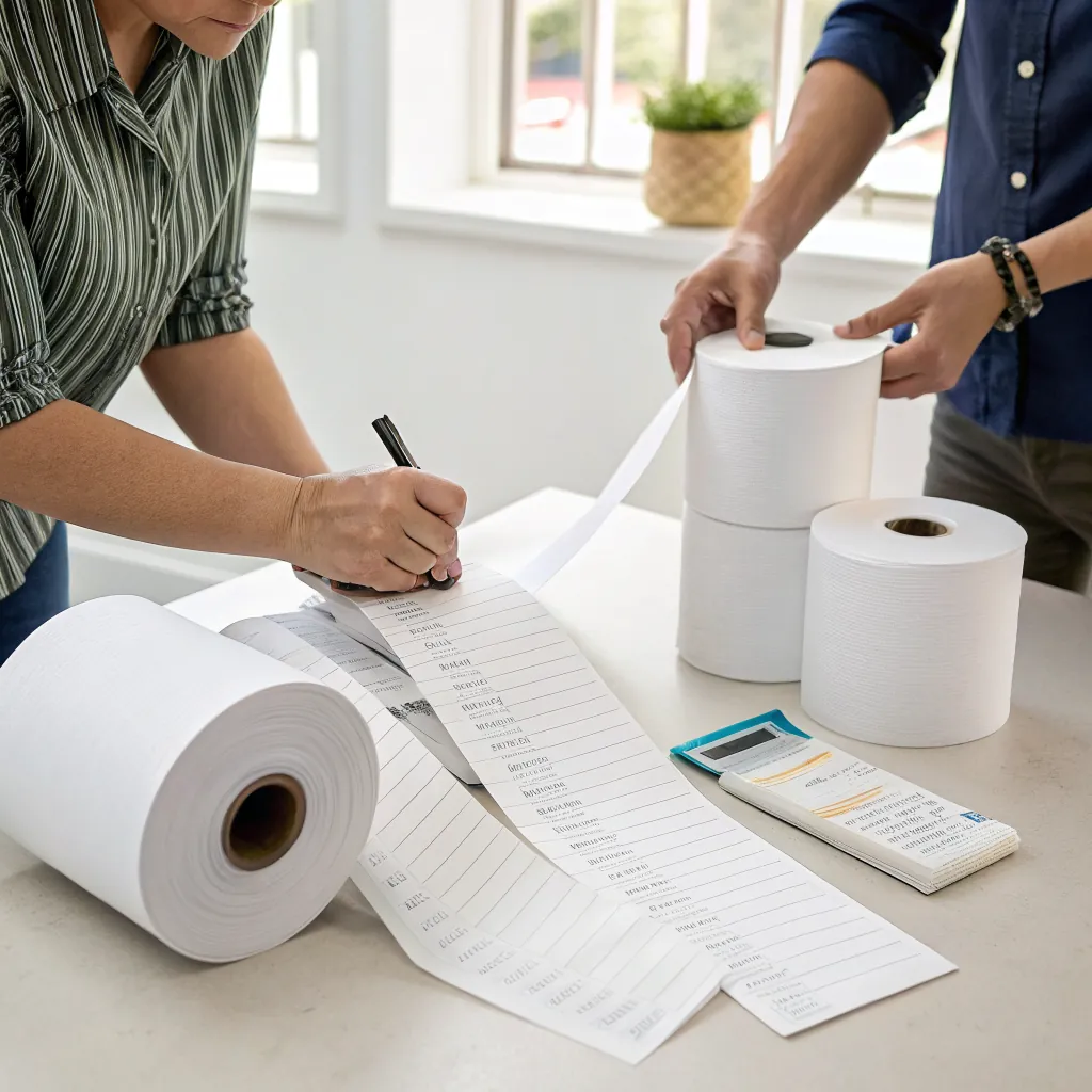 Person writing on a long paper roll with a marker, surrounded by rolls of paper and a notepad, in a bright room.